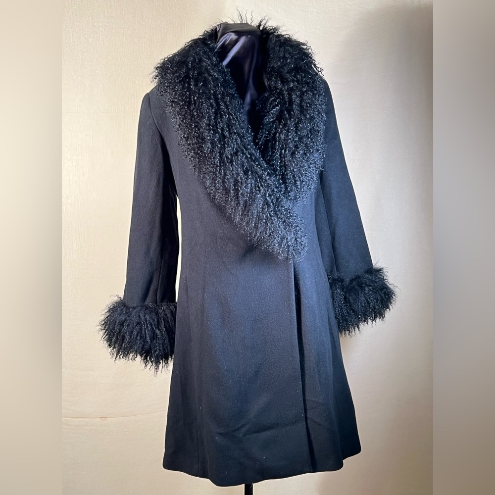 J. PERCY Mongolian Lambswool mid length black wool coat. Vintage! Size 12